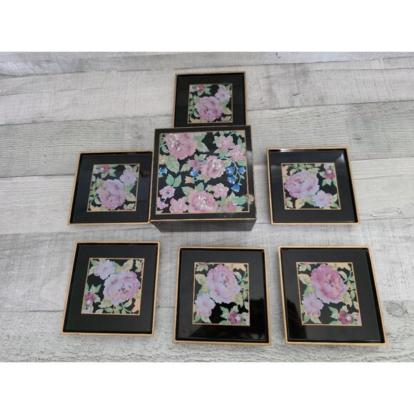 Otagiri Tavistock Black Lacquer Floral Coaster Set With Box - Picture 1 of 7